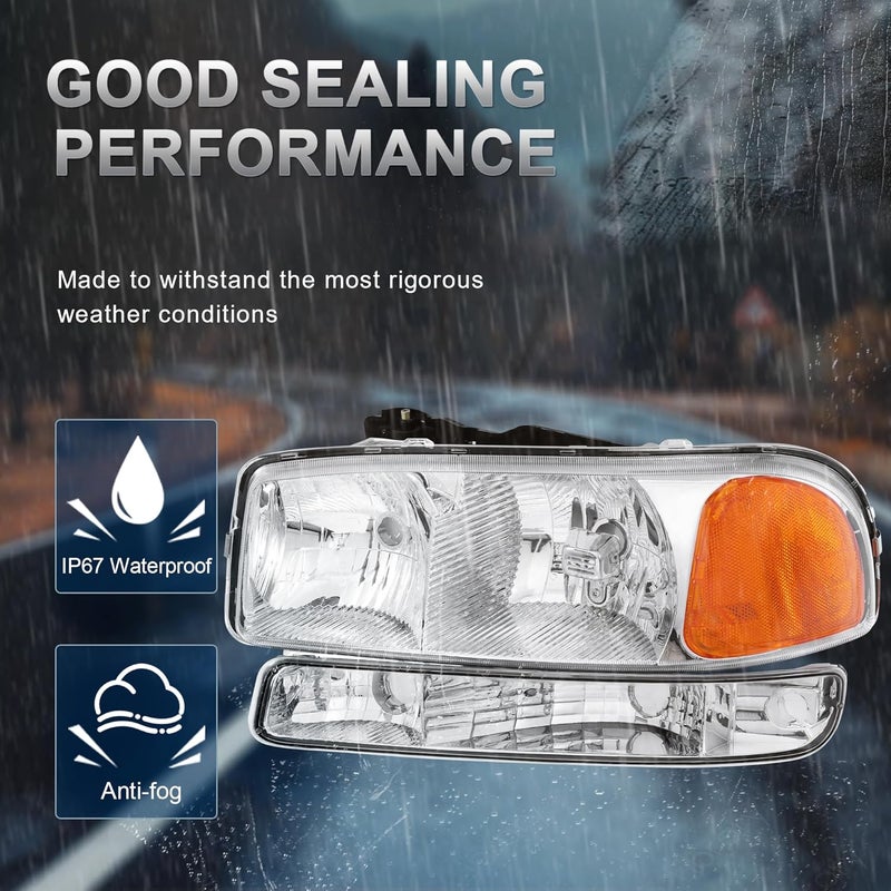 KUIPERAUTO Headlight Assembly Front Lamp Compatible with 1999-2006 GMC Sierra 1500 2500, 2000-2006 GMC Yukon Headlamp w/Bulb Chrome Housing/Clear Lens/Amber Corner - Image 2